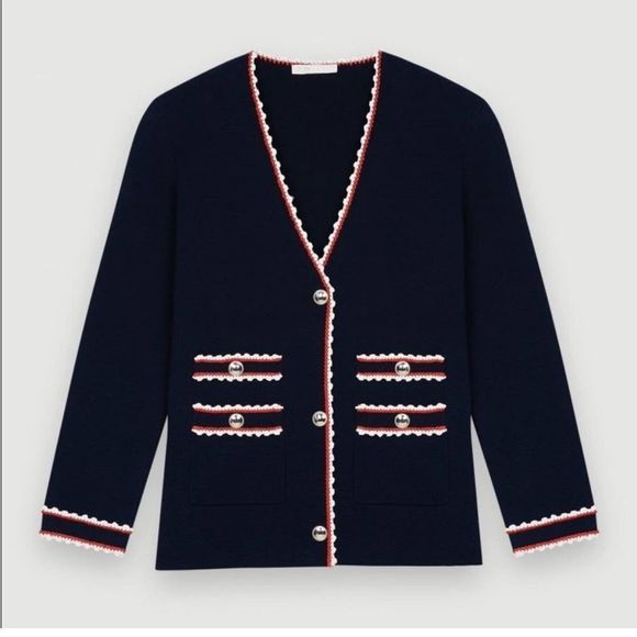 Maje Sweaters - Maje Moulinette Contrast Trim Cardigan Marine Blue Medium